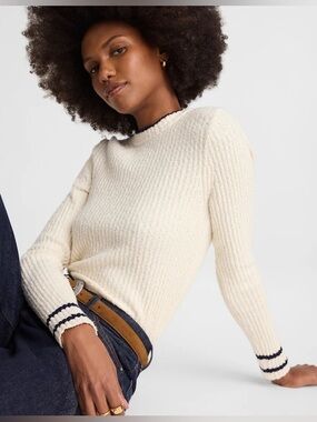 NWT Madewell Bouclé-Knit Crewneck Sweater in Cream with Navy Trim, Size XS